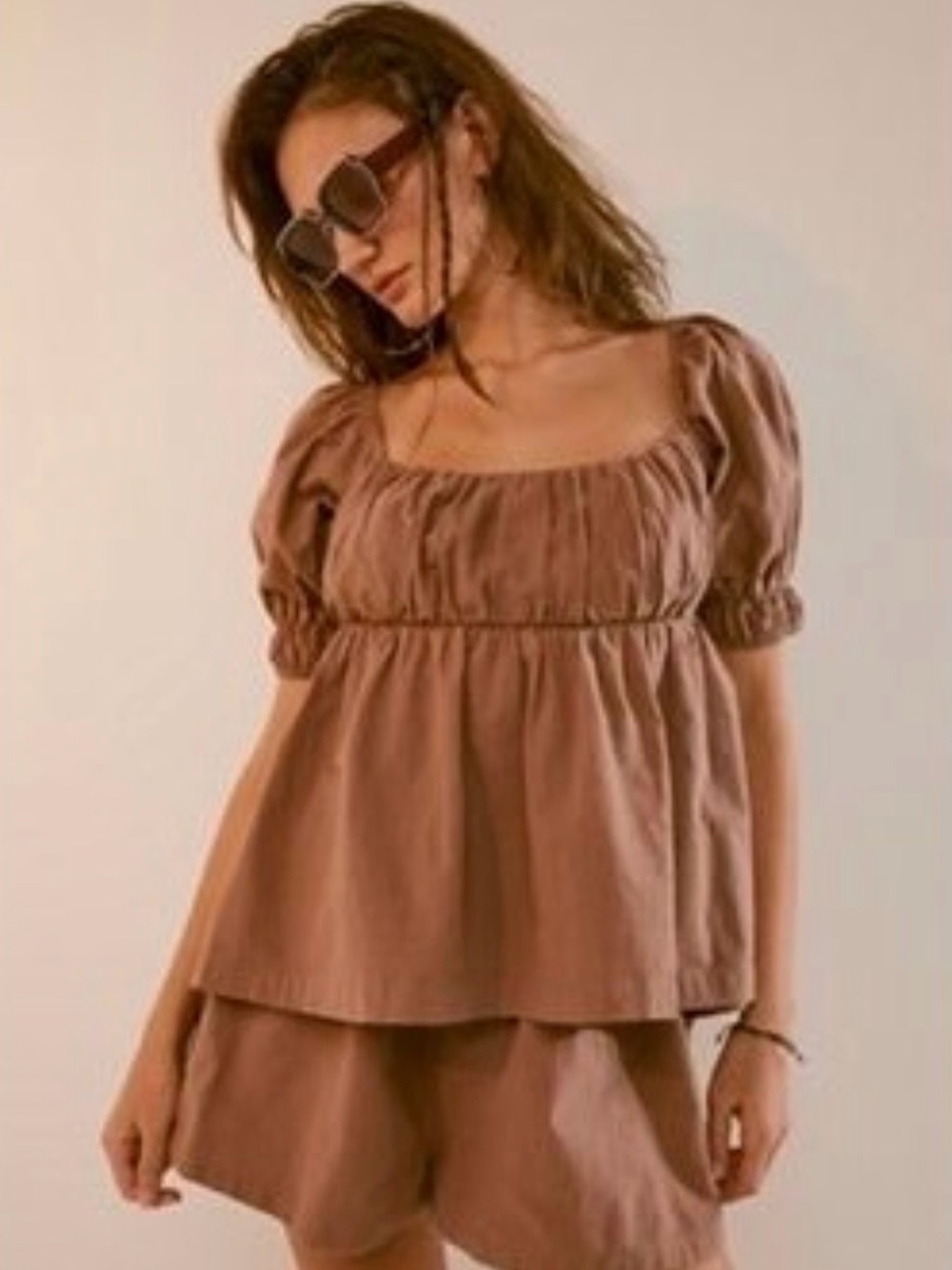 Free People Mauve Smocked set top and Shorts Set with Tie Detail